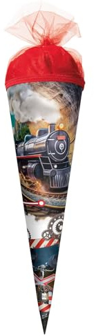 ROTH Schultüte klein 50 cm Dampflok – runde Geschwister-Zuckertüte zur Einschulung für Jungen, Schulanfang Geschenk mit Tüllverschluss