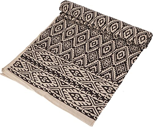 GURU SHOP Blockdruck Tagesdecke, Bett & Sofaüberwurf, Handgearbeiteter Wandbehang, Wandtuch - Design 5, Baumwolle, Size:Double 225x275 cm