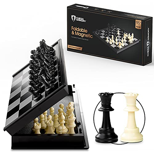 Chess Armory Magnetic 9.5 Inches Travel Chess Set - Folding Board with Storage Box & 2 Extra Queen.