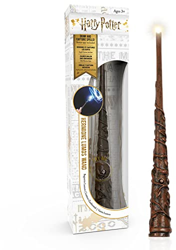 Harry Potter Zauberstab Hermione Granger mit LED-Lumos-Spitze, Handbemalt aus Harz, Inklusive App für Lichtzauber & Duelle, Größe ca. 18 cm, batteriebetrieben