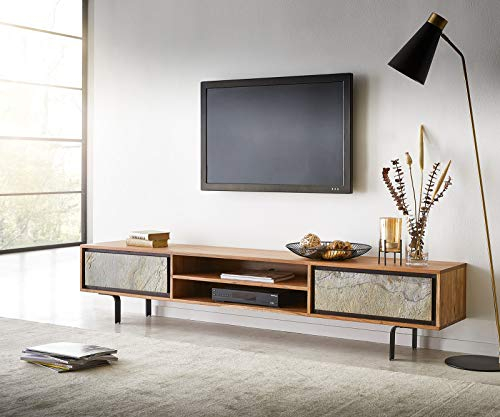 DELIFE TV-Bank Juwelo 200x35x40cm Akazie Natur Stein 2 Türen