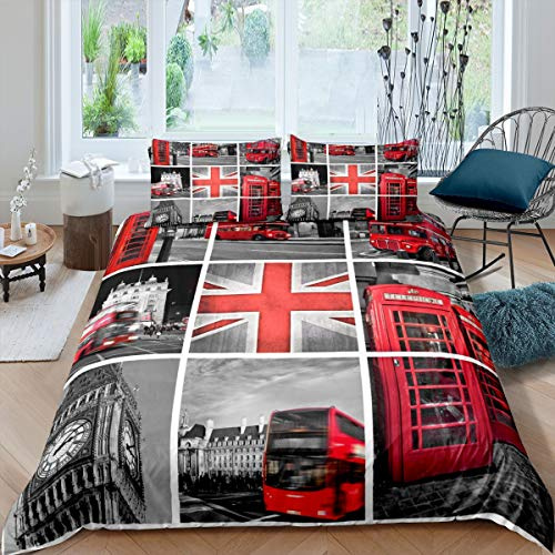 Mädchen Big Ben Bettbezug für Kinder Damen Herren Rot Grau London UK Thema Bettwäsche Set Berühmte Telefonzelle Bettbezug Retro England Bus Tagesdecke Abdeckung Raum Dekor Bettwäsche King-Size