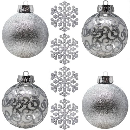 Große Silberne Kugelornamente für Weihnachtsbaum im Landhausstil, Weihnachtsdekoration – Extra große bruchsichere 120-mm-Kugeln aus Kunststoff und Schneeflocken, 8er-Set