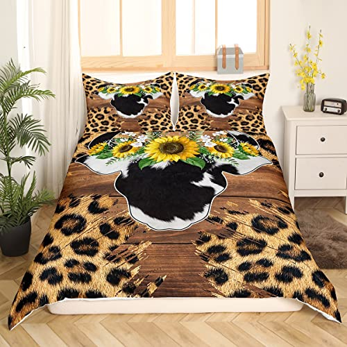 Highland Kuhfell Bettbezug Bauernhaus Schlafzimmer Dekor,Braun Leoparden Design Trösterbezug für Kinder Jungen Mädchen,Gelbe Sonnenblume Blumen Bettwäsche Set,Holz Stil Kuhfell Bettbezug,135x200