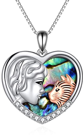 YAFEINI Katze Kette für Mädchen 925 Sterling Silber Katze Anhänger Halskette Schmuck Geschenk für Damen (Katze mit Mädchen Halskette Abalone Shell)