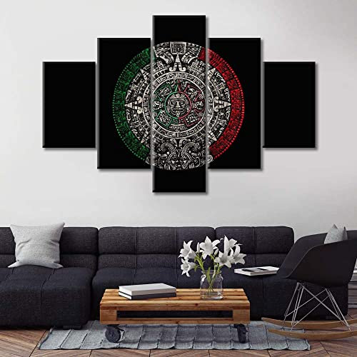 Wandkunst für Wohnzimmer, großer Azteken-Kalender, Büro-Wanddekoration, Mexiko, Leinwanddruck, 5 Paneele, Vintage-Maya-Zivilisation, fertig zum Aufhängen, 152.4 cm Bx101.6 cm H