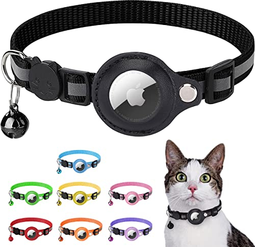 LZXLXS Airtag Katzenhalsband, Airtag Katze Halsband kompatibel mit Apple Airtag, Reflektierendes Kätzchenhalsband mit Halterung und Glocke für Mädchen Junge Katzen, Schwarz