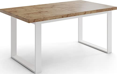 WFL GROUP Rechteckiger Loft Esstisch Für Wohnzimmer - Loft Stil Industriell Esstisch Mit Weißen Metallfüßen - Ausziehbarer Esstisch von 140 cm bis 180 cm - Made in EU - Lancelot Eiche