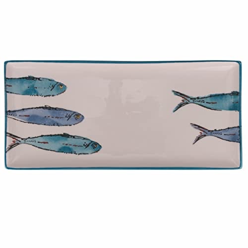 Villa d'Este Home Tivoli Juego de 2 platos rectangulares de cerámica 36 x 16 cm, estilo ink drawing, Paranza