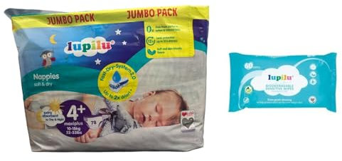 Lupilu Size 4+ Maxi+ Nappies Jumbo 78 Pack + 60 Fragrance Free Baby Wipes