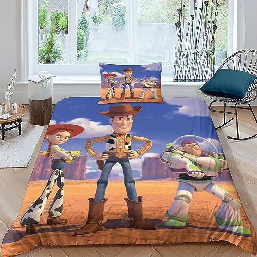 HITBOD Toy Story Woody Buzz Lightyear Bettwäsche Set Kinderbettwäsche,Animierte Charaktere Bettbezug 3D Sanft Mikrofaser Set,mit Bettbezug Und Kissenbezug Single(135x200cm)