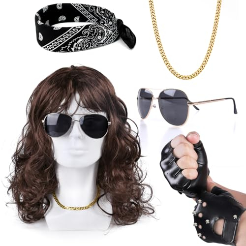 Humairc Locken Perücken Herren Damen Rocker Handschuhe Sonnenbrille Halskette Stirnband 80er 90er Jahre Halloween Fasching Rocker Kostüm