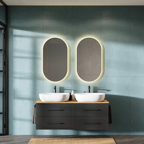 Planetmöbel LUX Badmöbel Set Waschbecken mit Unterschrank 140 cm, 2 Aufsatz-Waschbecken 60cm weiß, 2 Spiegel 50 cm (ohne LED) Waschbeckenunterschrank Gold Eiche/Anthrazit