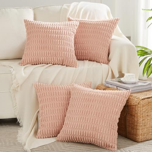 FDTERN 4er Set Boho Kissenbezug 45x45 cm Rosa Einfarbig Flauschig Kissenbezüge Kordsamt Kissenhülle Dekokissenbezug Sofakissen Dekokissen Deko für Sofa Schlafzimmer Wohnzimmer Balkon