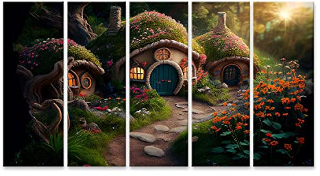 islandburner Prime Bild auf Leinwand Hobbit Häuser Fantasy Wald Märchen Haus Bedecktes Gras Magisches Holz Bilder Wandbilder Poster