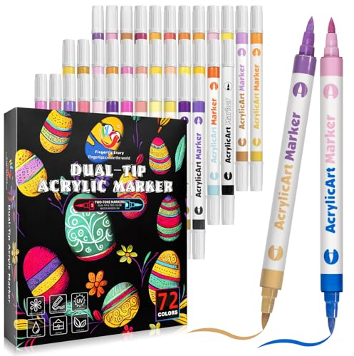 FINGERTIP STORY Acrylic Paint Pens Paint Markers, Brush & Fine Tips Rock Painting Pens Glass Pens Painting on Walls Stone Wood Ceramic Ideal for Christmas Pumpkin Markers for Adult (72 (36) Colors)