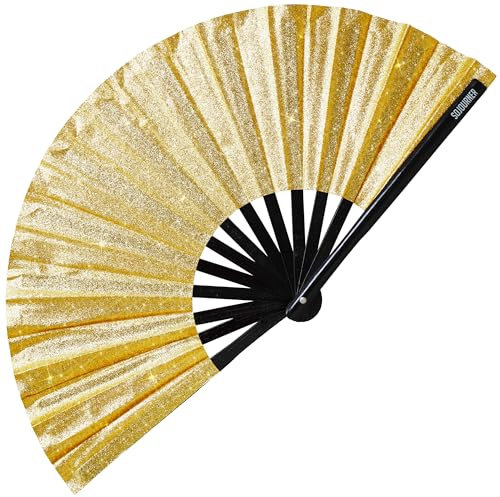 SoJourner Rave Fan - Large Folding Fan for Raves, Festivals & Events - Gold, Japanese Style, Smooth Opening, Dramatic Clacking Sound
