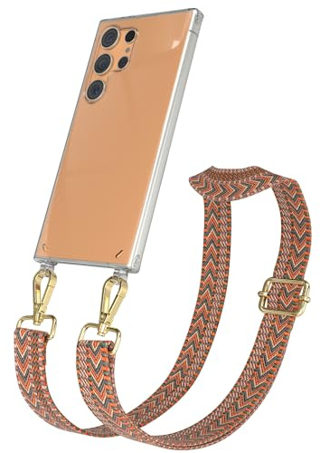 EAZY CASE Handykette - Verstellbares Taschenband kompatibel mit Galaxy S24 Ultra, Schulterriemen, Handykordel mit Silikon Hülle, Umhängetasche, Orange Grün Gold