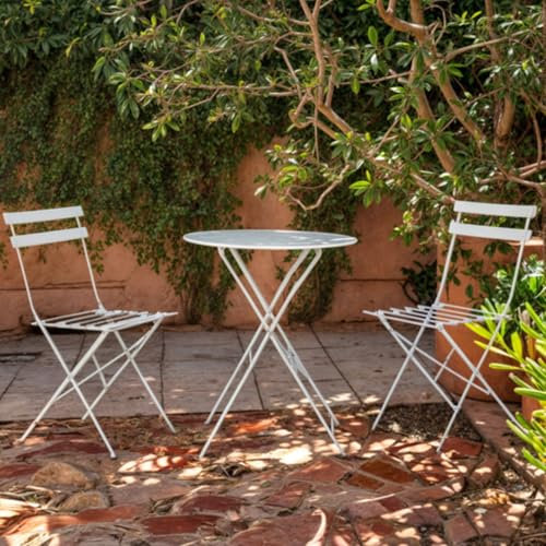 Avril Paris - Ensemble Table et Chaises Pliantes Bistrot Balcon Terrasse- 2 Places - Acier Blanc - 2 Chaises et 1 Table Pliante - Flore