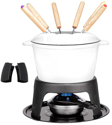 Mabeeze Service à fondue en fonte pour fromage, chocolat ou viande – Comprend une casserole émaillée de 1,6 l, 6 fourchettes à fondue, un brûleur, un support, une base et des gants