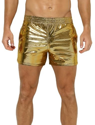 AIEOE Herren Glänzend Shorts Kunstleder Hose Ultra Kurz mit Elastischem Bund Sexy Party Outfit im Metallic Look Gold Größe L