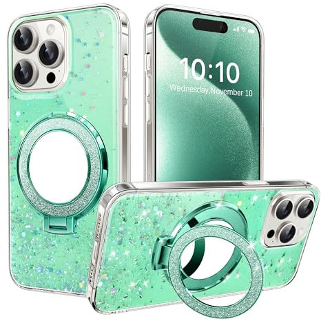 LEMAXELERS Sparkle Case for iPhone 11 Pro Max Aesthetic Glitter Cover with Makeup Mirror Ring Holder Kickstand Silicone TPU Slim Shockproof Cases Protective Phone Shell for iPhone 11 Pro Max Green DJ.