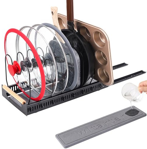 buysigo Étagère de rangement pour casseroles et poêles sous armoire avec tapis de vaisselle en pierre, organiseurs de poêles coulissants à l'intérieur de l'armoire pour organiser et ranger les