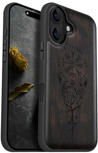 Carveit Magnetic Wood Case for iPhone 16 - Solid Wood & Black Soft TPU Shockproof Protective Cover - Unique Wooden Case Compatible with MagSafe (The Guiding Vegvisir - Blackwood)