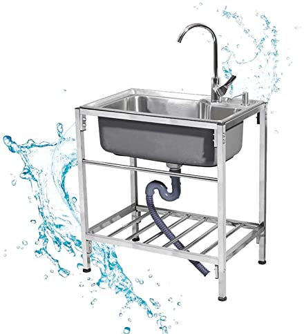 Fregadero de cocina comercial de acero inoxidable 304 con colador, grifo caliente y frío para isla de cocina al aire libre