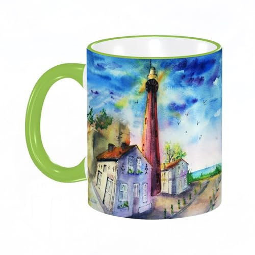 KDWJS Tasse Keramik Kaffeetassen Große 11oz Tassen 330ml Trinkgläser Mit Griff Personalisierte Geschenk Weiß,Landschaft mit einem Leuchtturm Häuser und ein Leuchtturm der Himmel und das Meer am Horiz