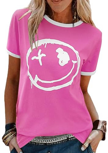 heekpek Tshirt Damen Baumwolle Kurzarm T-Shirt Sommer Oberteile Tops Rundhals Tee Bedruckte Lässig Shirts Rose XL