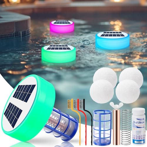 Qualirey Ioniseur solaire flottant automatique pour piscine, purificateur d'eau de piscine avec 4 balles anti-écumes, pour piscines hors sol et creusées, jusqu'à 100 000 litres (avec lumière DEL)