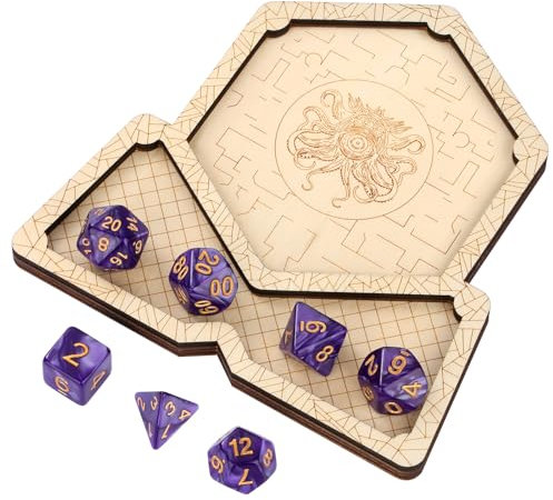 Coaster and Dice, Octopus Eye Monster Pattern Cup Coasters, 7pcs D&D Polyhedral Dices, RPG Accessories for Game Nights, 1pcs Wooden Coaster, Tabletop Gaming Gifts for DND Gamer, Home Decoration