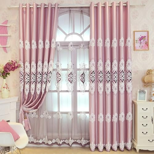 Wycian Vorhangschiene Vorhang Rosa Verdunkelung 2er Pack Blumen Bestickt H229 x B137 cm (2er Pack) Polyester