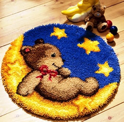Beyond Your Thoughts DIY Latch Hook Kits Blue Bear Rug Pattern Printed Crochet Needlework Crafts for Kids Adults Beginners 20.47 * 20.47 Inch ZD003
