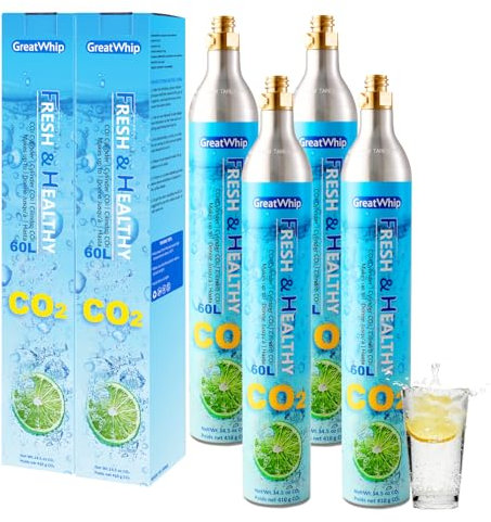 GreatWhip 60L CO2 Gewinde Zylinder für Sodastream Screw-in System Maschine, Ersatzkarbonisator, NICHT kompatibel mit Qiuck-connect System SodaMaker Gerät, 4er-Pack