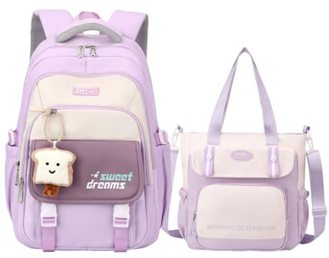 Amythe Schultasche Mädchen Set, Schulrucksack für Mädchen der 3. bis 7. Klasse, 36L Schulranzen Mädchen mit Umhängetasche, Lässiger Rucksack Teenager Daypack mit Anhängern, Violett