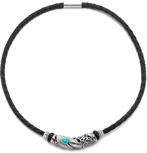 COOLSTEELANDBEYOND Nero Intrecciato Pelle Collana, Piuma Filigrana Charms Blu Pietra preziosa, Uomo Donna, Collare