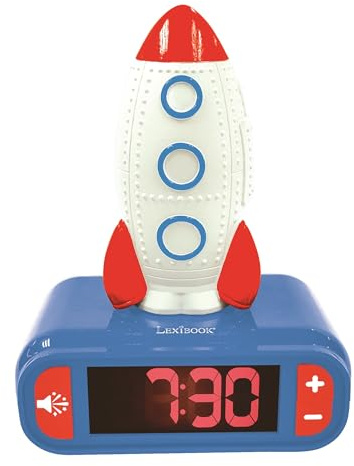 Lexibook, Rocket Nachtlicht-Wecker, RL800SPCLXB | Klänge und Melodien, LCD-Display mit Hintergrundbeleuchtung, Leuchtend, Schlummerfunktion, Blau