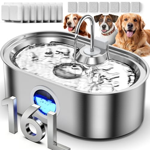 4.2Gal Dog Water Fountain for Large Dogs, 16L Stainless Steel Dog Fountain Water Bowl with Multi-Filtration & Deeper Drinking Tray, Extra Large Pet Water Fountain with Water Window(with 7 Filters)