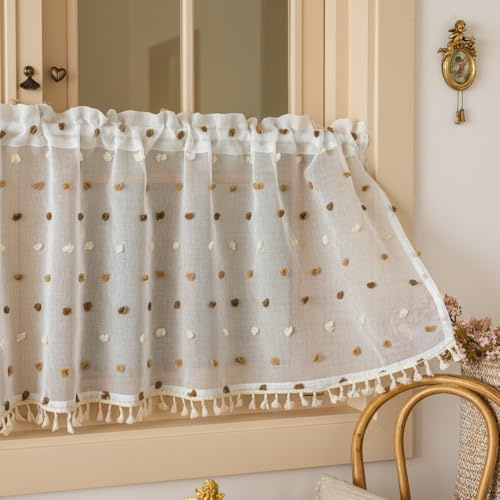 BDKMMS Boho Küchenvorhang Kurz mit Quasten und Pompoms, Weiß Landhausstil Scheibengardine, Lichtdurchlässiger Sichtschutz für Küche Badezimmerfenster, 140x45cm