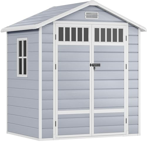 DWVO Kunststoff Gerätehaus 170x123x206 cm mit Zaun-Design & Seitenfenstern, Wetterfester Gartenschuppen mit abschließbarer Tür & Belüftung für Garten, Terrasse, Hof - Grau