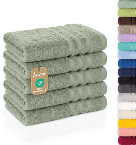Lavea® 5er Set Gästehandtücher 30x50 cm - Eukalyptus | Weiche & Saugstarke Gästetücher aus 100% Baumwolle, Frottierserie Elena, Waschbar 60°C, Trocknergeeignet