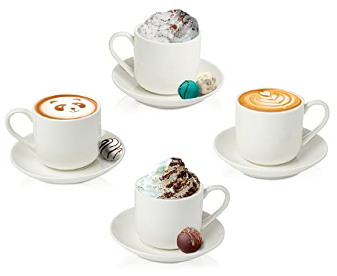 Set de 4 Tasses à Expresso avec soucoupes Assorties - Porcelaine Blanche de première qualité, Coffret Cadeau 8 pièces Demitasse - Tasses à café Italiennes Caffè, Tasses à café Turques