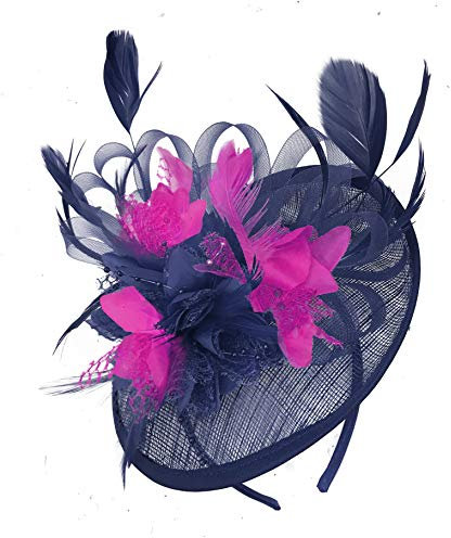 Navy Blue and Fuchsia Hot Pink Sinamay Disc Saucer Fascinator Hat for Women Weddings Headband