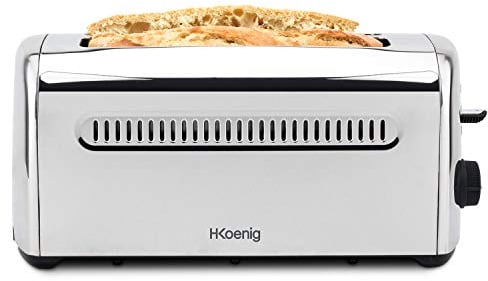 H.Koenig Grille Pain Toaster Spécial Baguette 2 Tranches TOS32 Fentes larges 40mm Inox vintage, 7 Niveaux de brunissage, Décongélation, Rapide et uniforme, Pain, muffin, bagel, baguette, 1500W