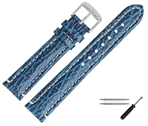 MARBURGER Uhrenarmband 20mm Leder Blau Silber Hai Prägung Mit Naht - Montage Set 4632050000120