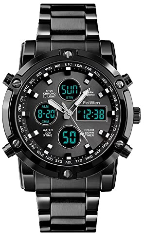 FeiWen Fashion Herren Multifunktional Edelstahl Digital Uhren LED Analog Quarz DREI Zeit Casual Sport Armbanduhren Beleuchtung Alarm Countdown