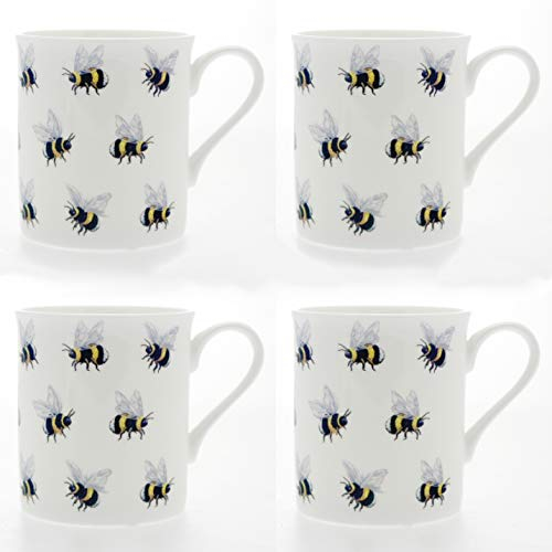 Set 4 Fine Bone China Mugs - Bumble Bees Design
