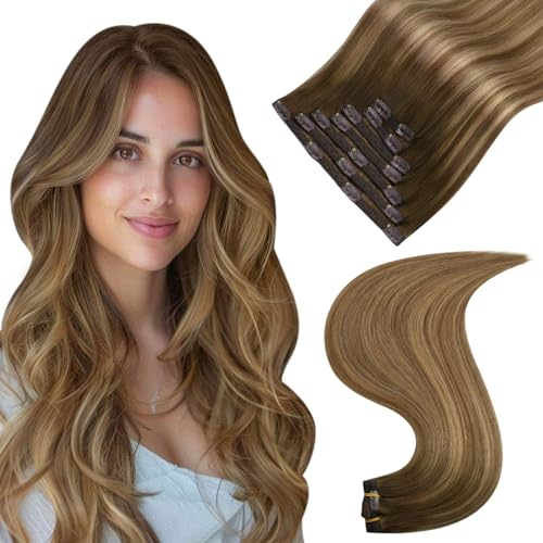 Easyouth Clip in Extensions Echthaar Braun Balayage Echthaar Clip in Extensions Remy Menschenhaar Mittelbraun Ombre Honigblond Echthaar Extensions Clip Glatt 35 cm 70g #4/27/4 7pcs